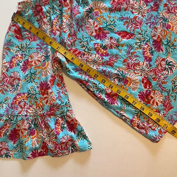 Stella Parker Colorful Tropical Top Womens Medium Turquoise Floral Cotton Blouse - Picture 7 of 7